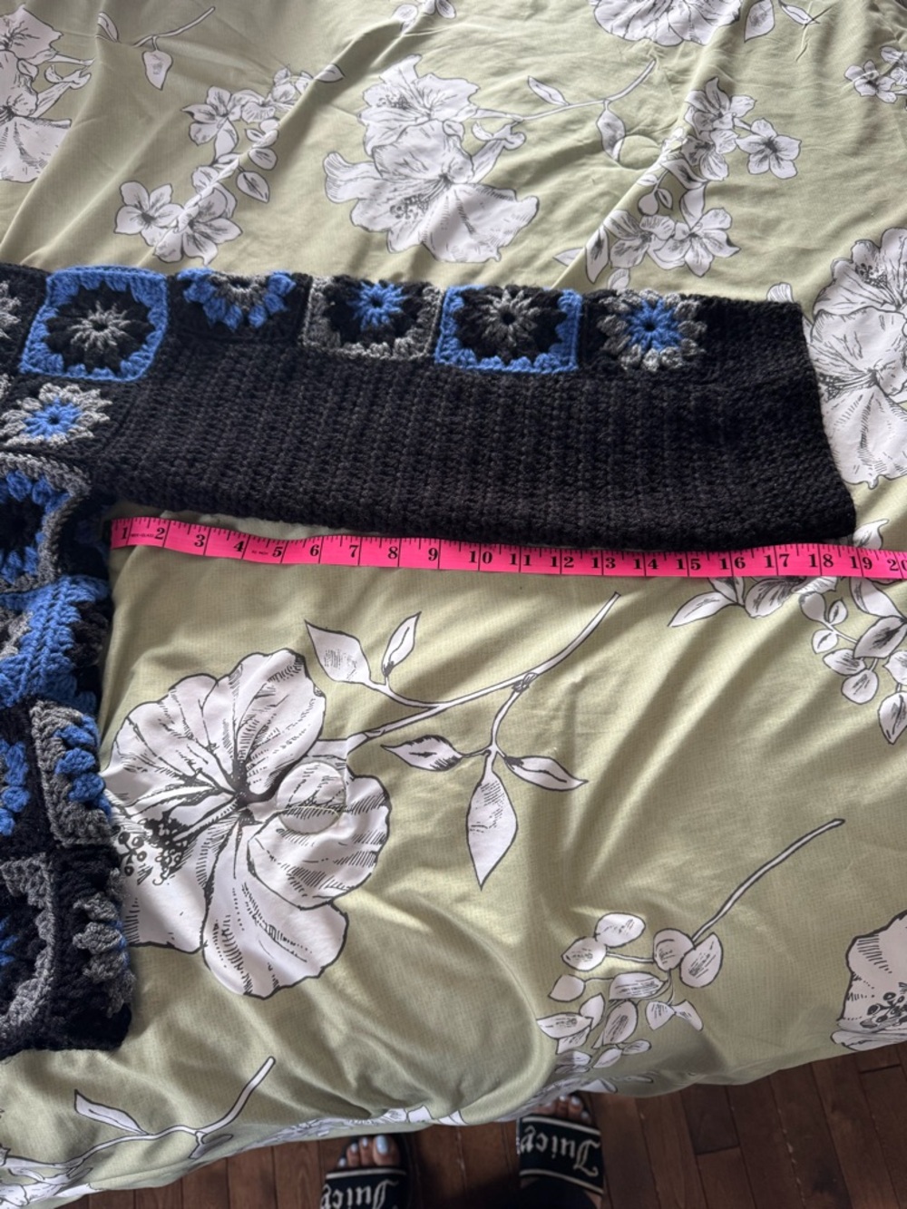 Hand Crafted Black Crochet Patchwork Cardigan with Blue and Gray Motifs. Ptp 27 - Picture 10 of 11